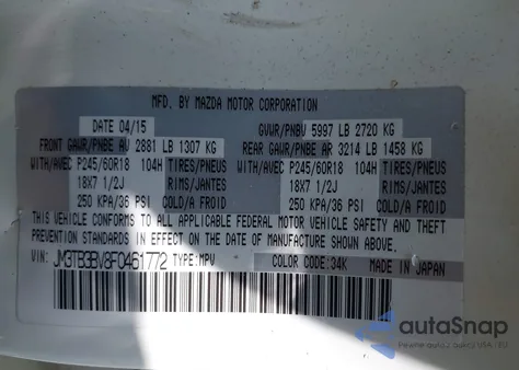 2015 Mazda Cx-9 Sport из США, поврежденный, VIN JM3TB3BV8F0461772